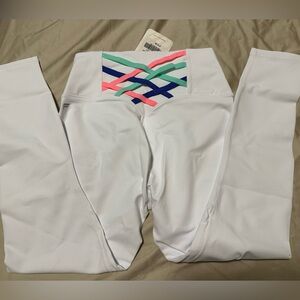Fabletics High Waisted Strappy White Leggings (size small)